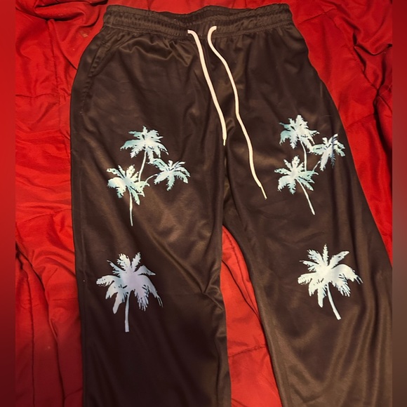 Black silk sweatpants with turquoise palm trees - Picture 2 of 2